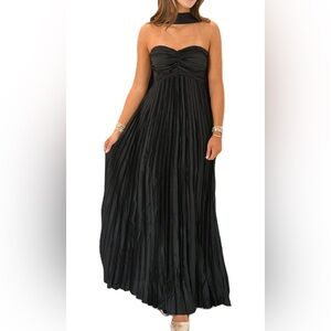 Strapless Black Pleated Evening Maxi Dress
